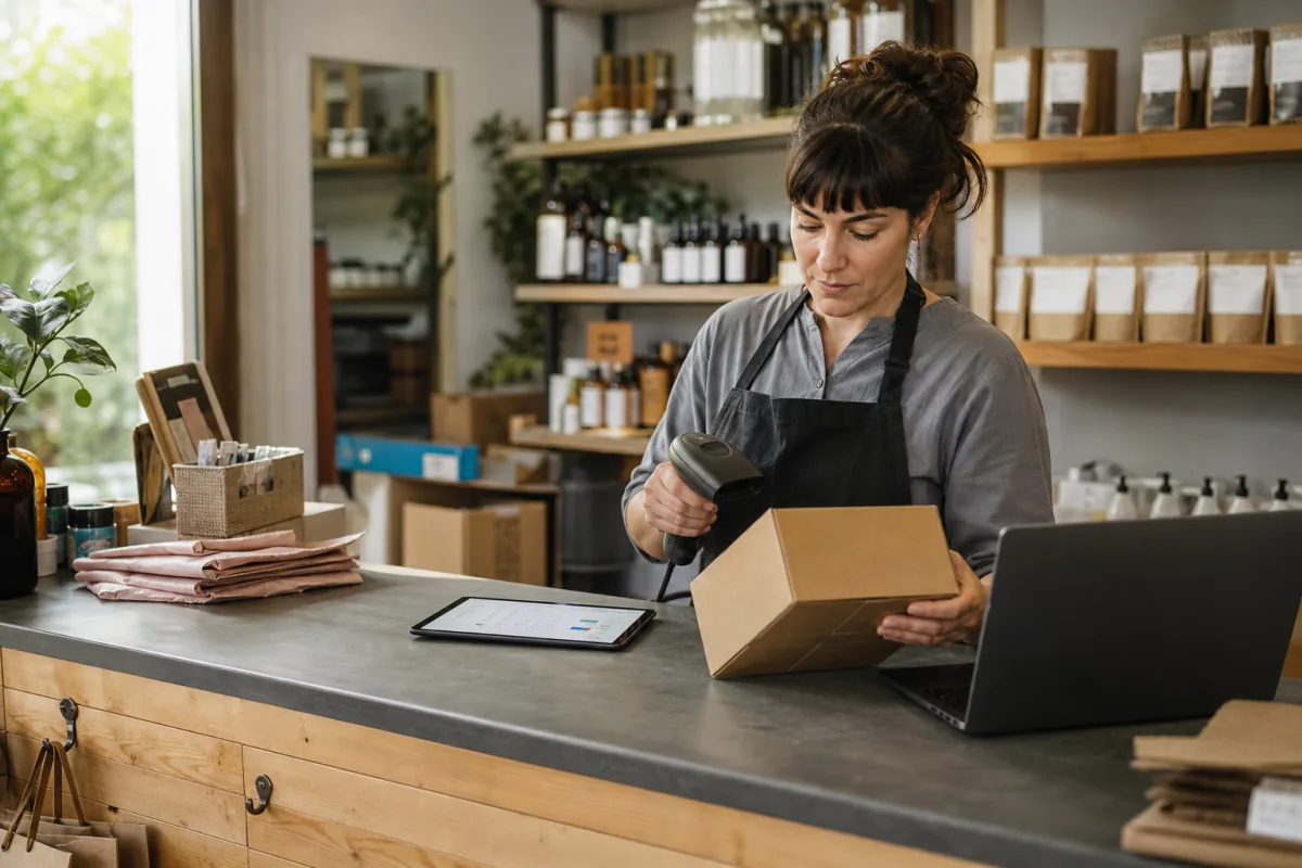 A retail business owner using inventory tools at the counter